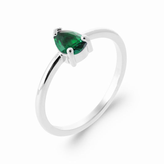 Bague solitaire argent rhodié & pierre verte 