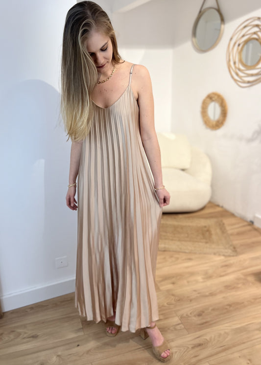 Robe longue bretelle plissée Satin pia BEIGE