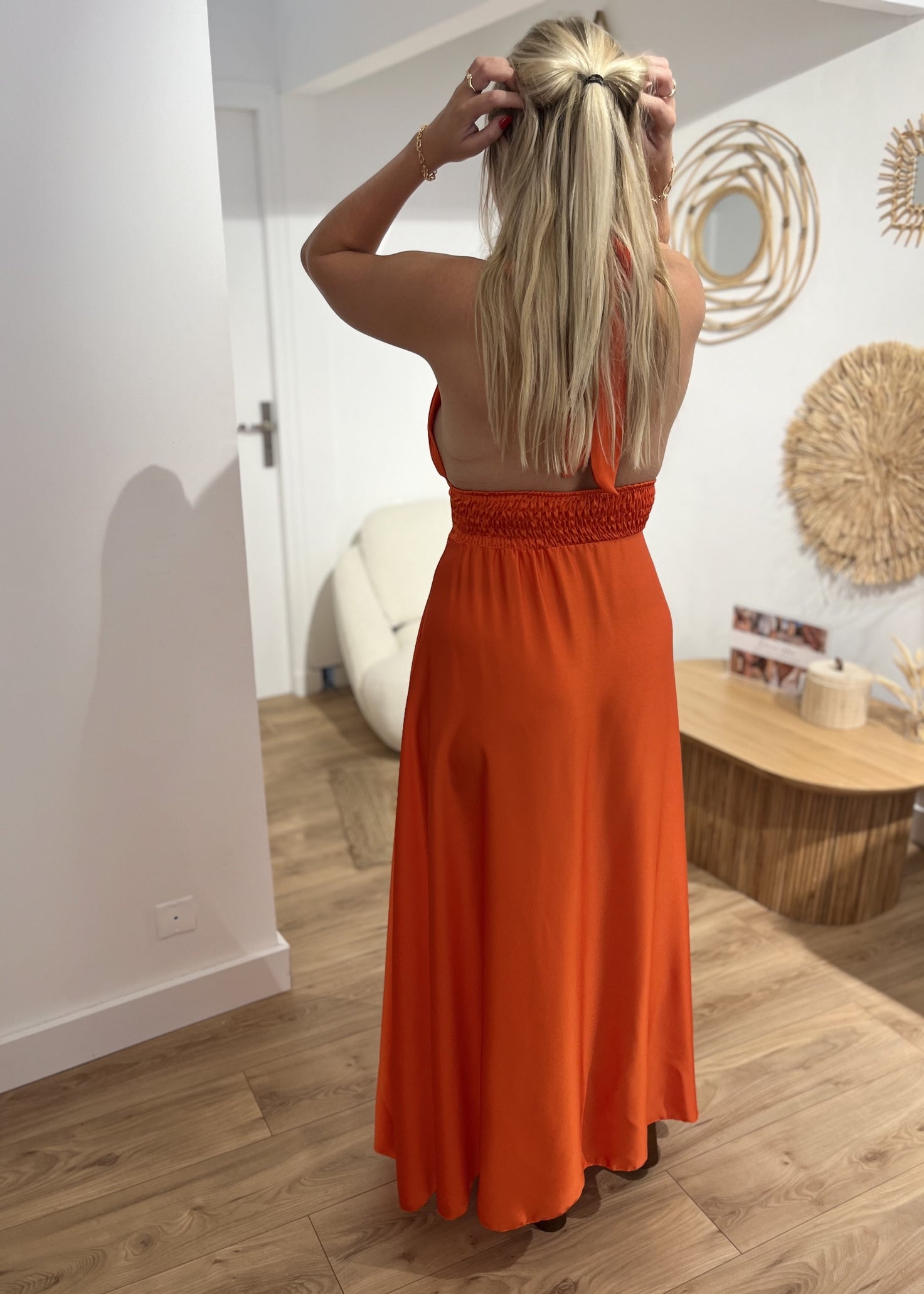 Robe longue jeanne Satin dos nu ORANGE