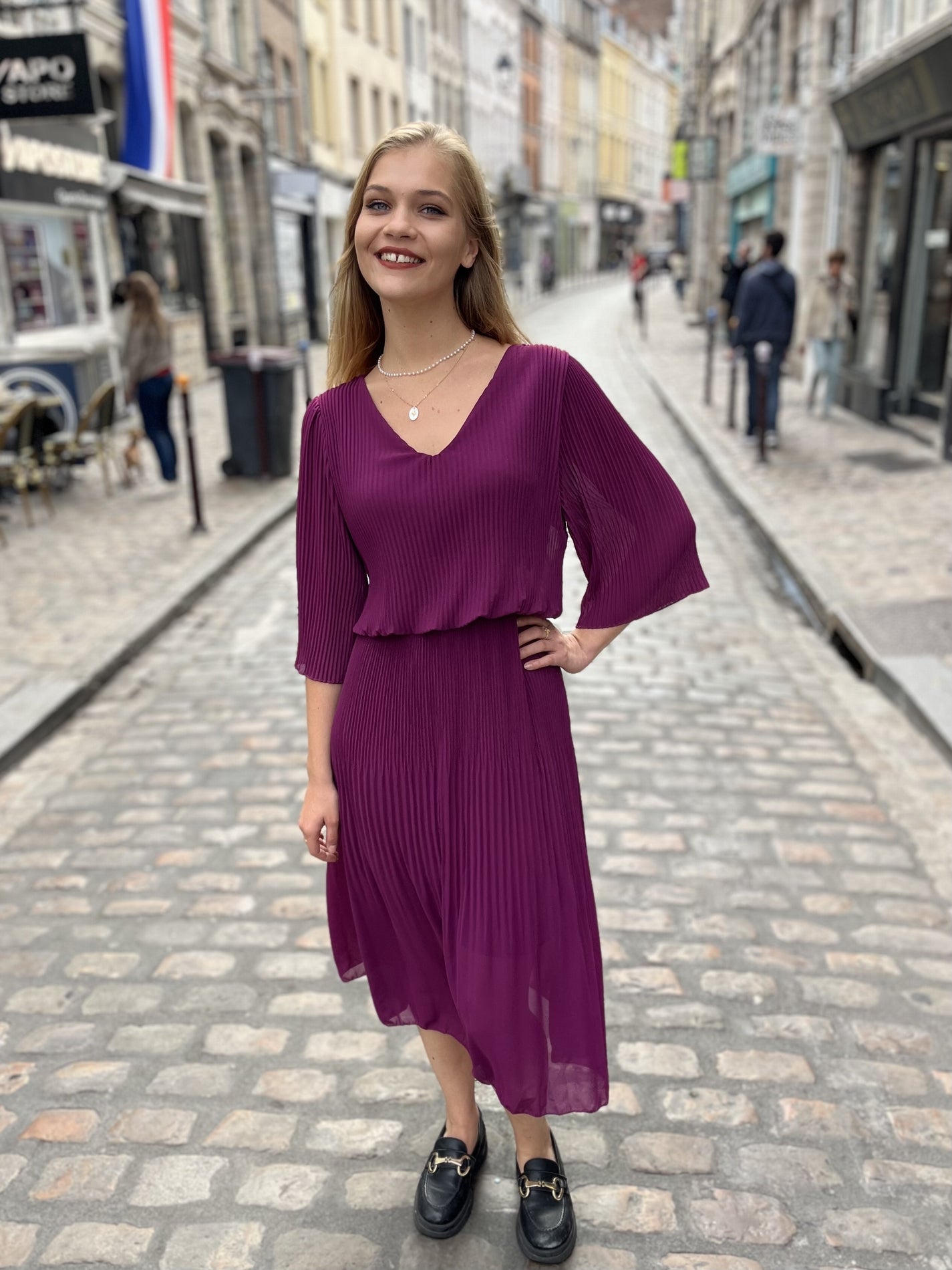 Robe longue plissée unie Armelle PRUNE