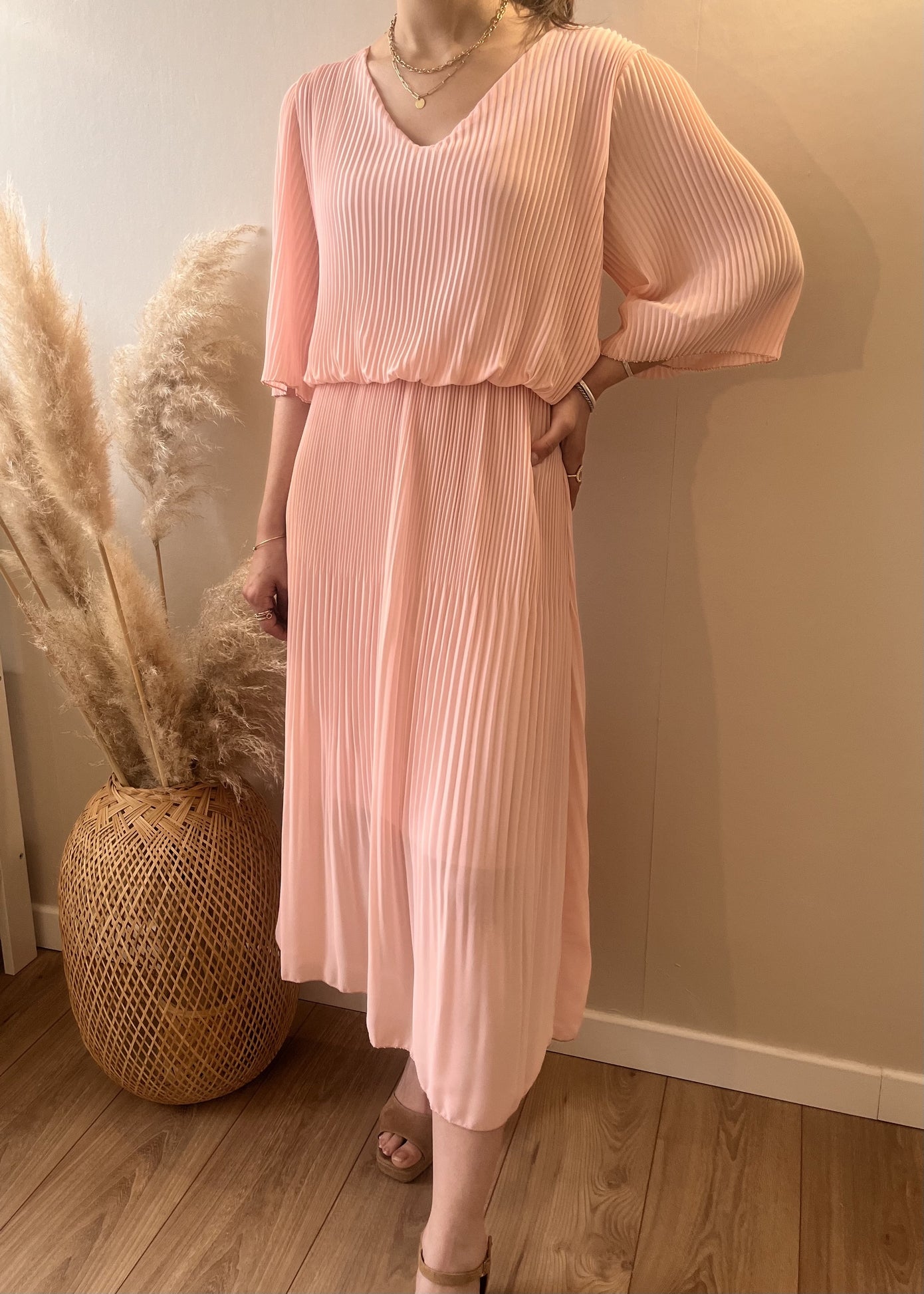 Robe longue plissée unie Armelle ROSE