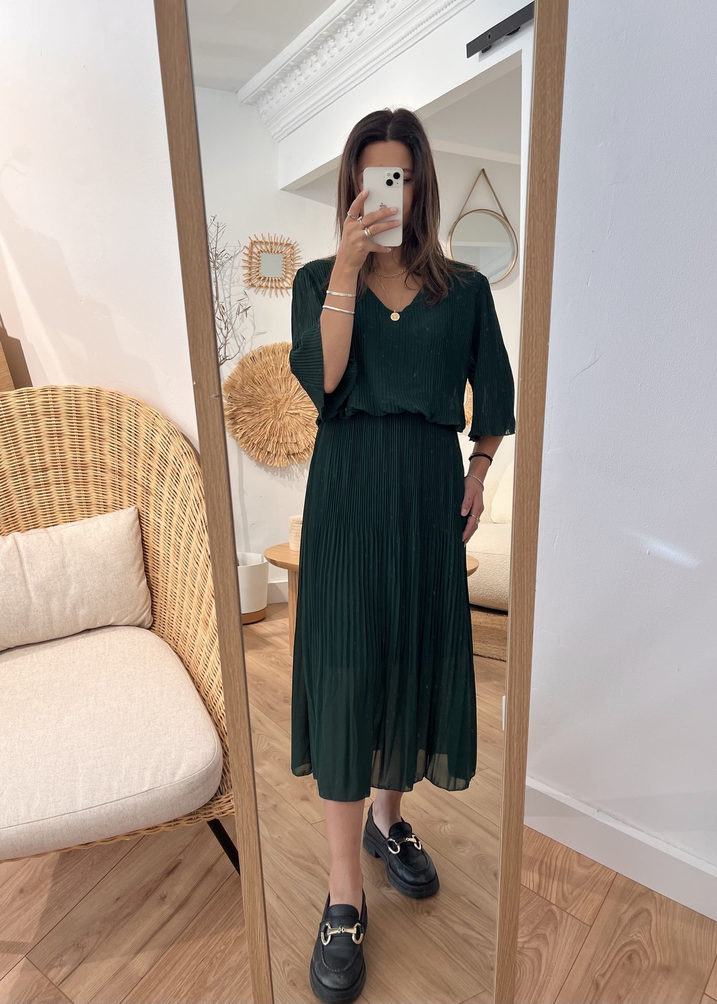 Robe longue plissée unie Armelle VERT SAPIN